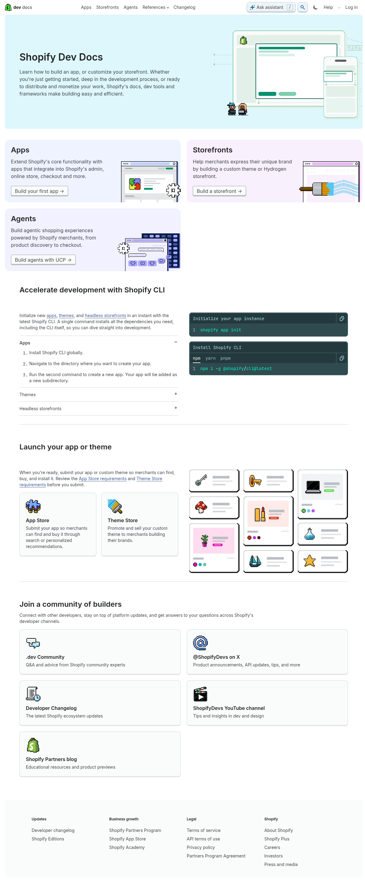 Shopify Dev Docs documentation homepage captured 2026-10-14. The numbered notes describe its navigation and starting routes.