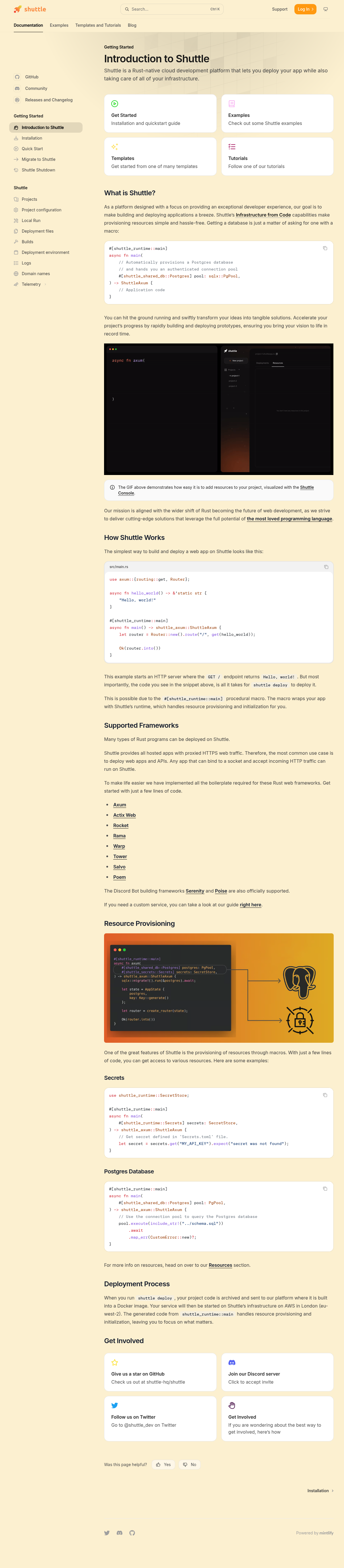 Shuttle documentation homepage captured 2026-10-14. The numbered notes describe its navigation and starting routes.