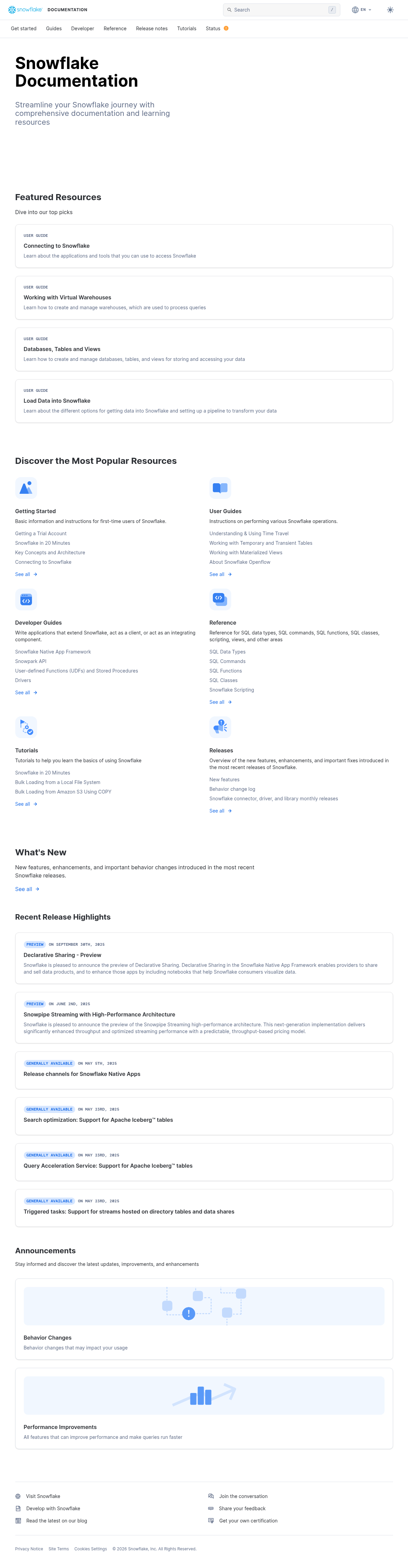 Snowflake documentation homepage captured 2026-10-14. The numbered notes describe its navigation and starting routes.