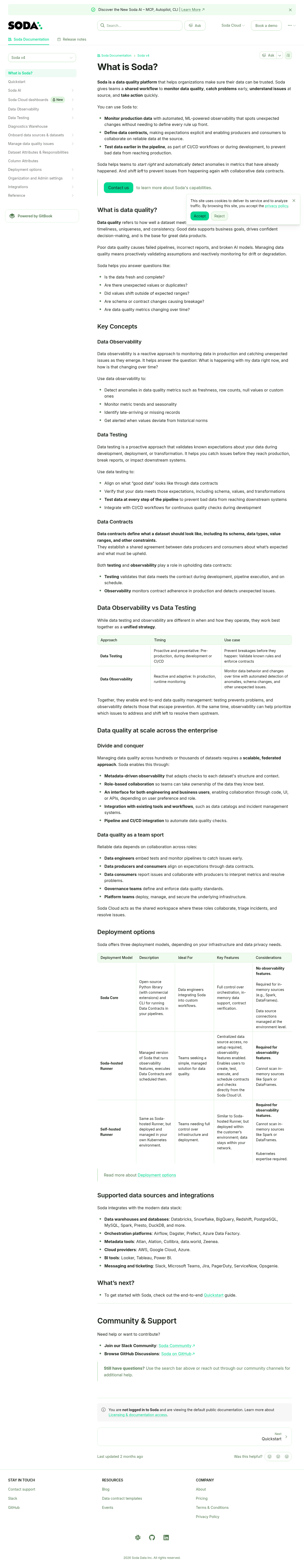 Soda documentation homepage captured 2026-10-14. The numbered notes describe its navigation and starting routes.