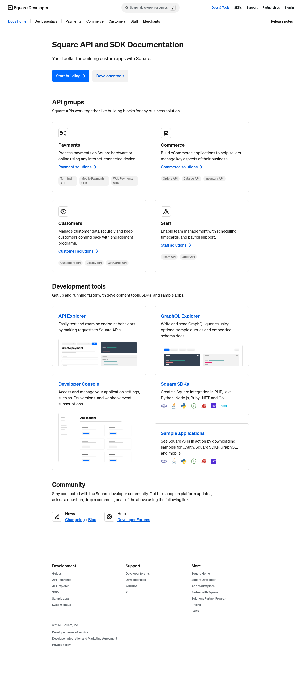 Square API and SDK Documentation documentation homepage captured 2026-10-14. The numbered notes describe its navigation and starting routes.
