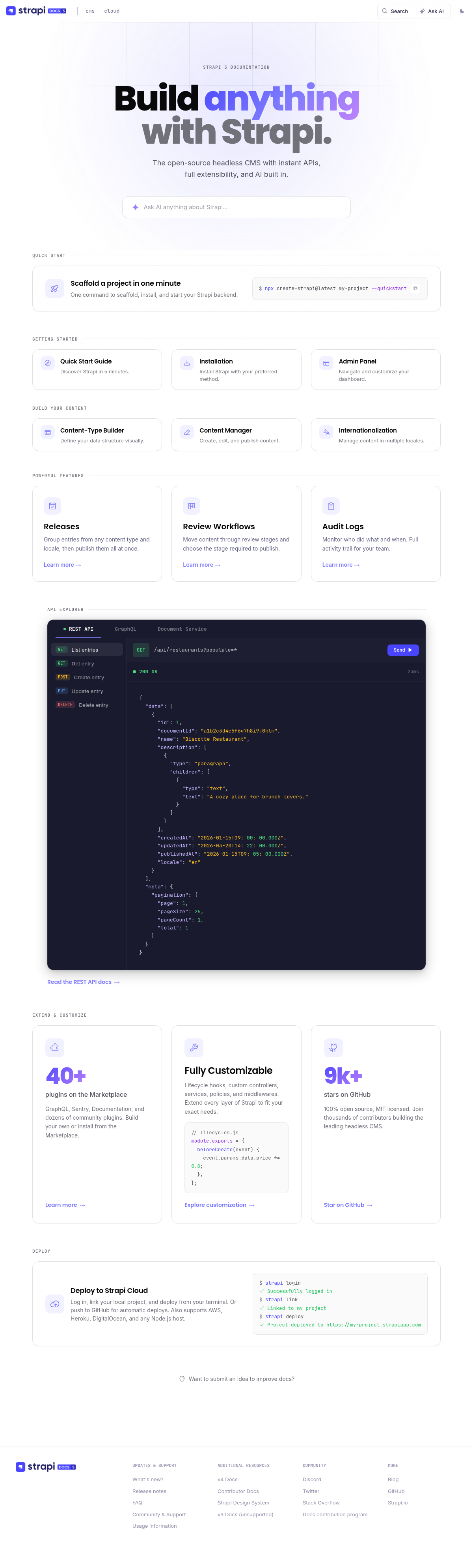 Strapi documentation homepage captured 2026-10-14. The numbered notes describe its navigation and starting routes.