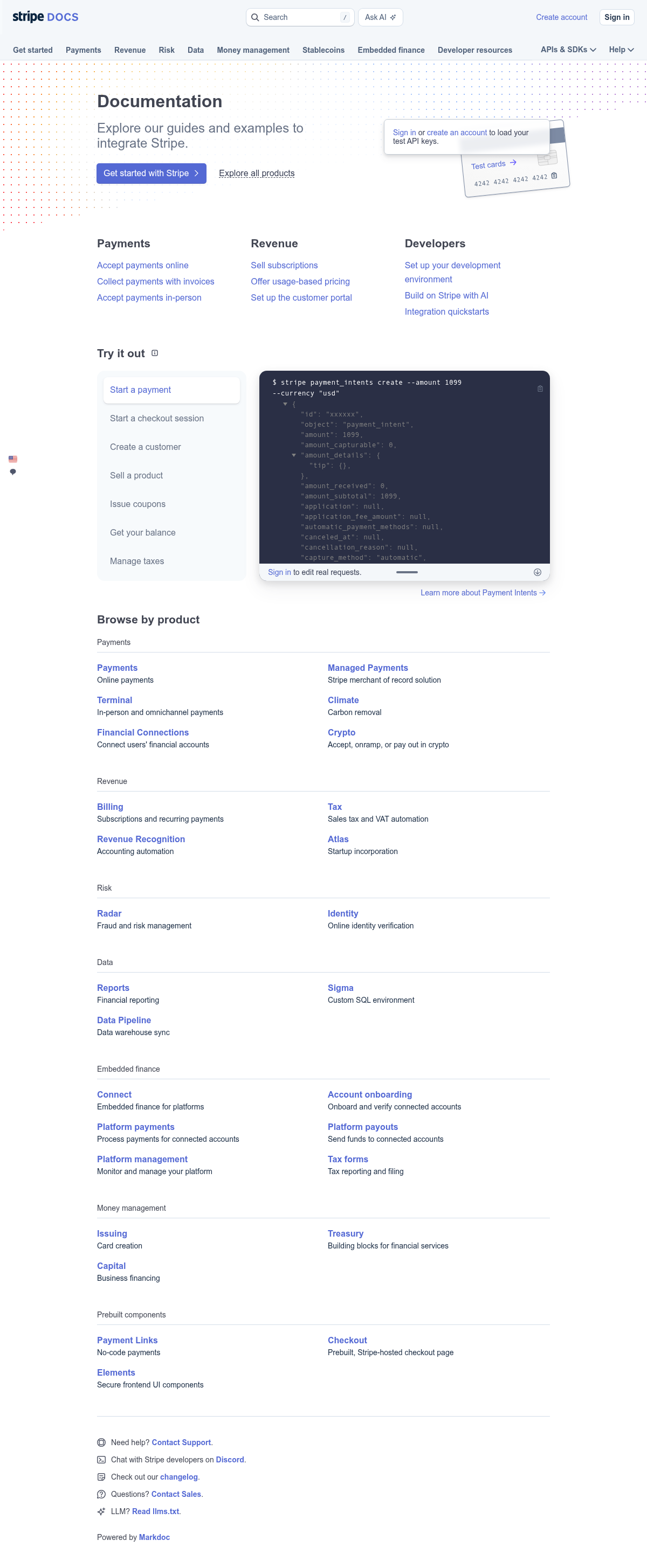 Stripe documentation homepage captured 2026-10-14. The numbered notes describe its navigation and starting routes.