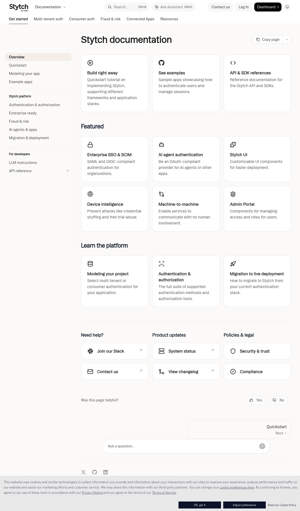Stytch documentation homepage captured 2026-10-14. The numbered notes describe its navigation and starting routes.