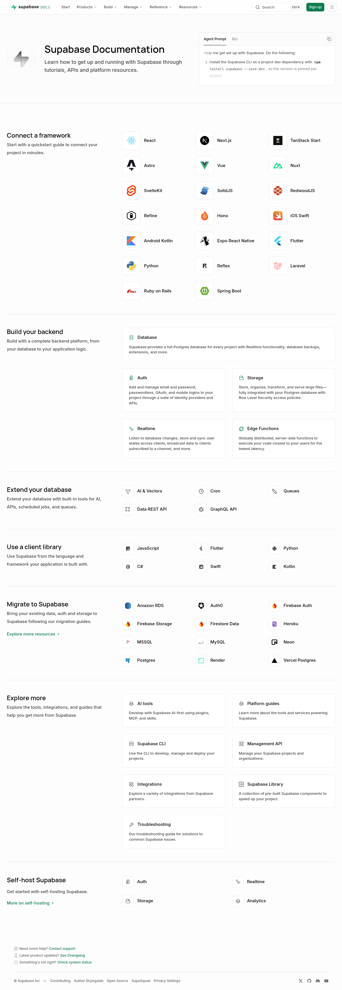 Supabase documentation homepage captured 2026-10-14. The numbered notes describe its navigation and starting routes.