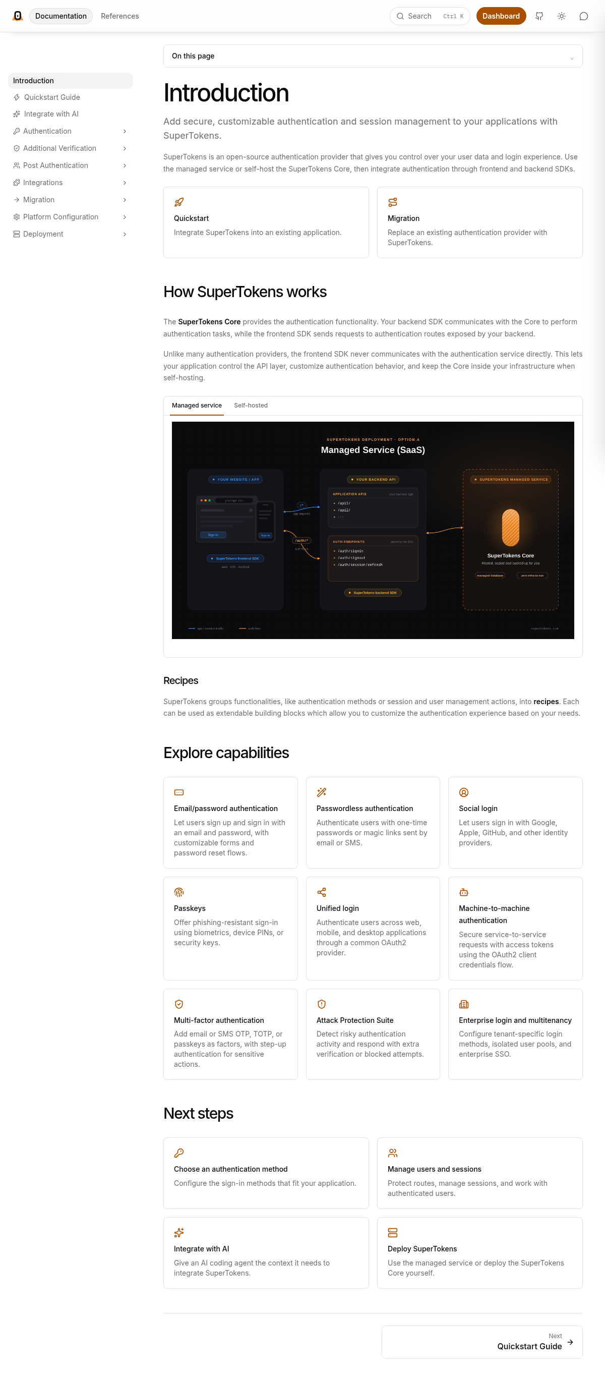 SuperTokens documentation homepage captured 2026-10-14. The numbered notes describe its navigation and starting routes.