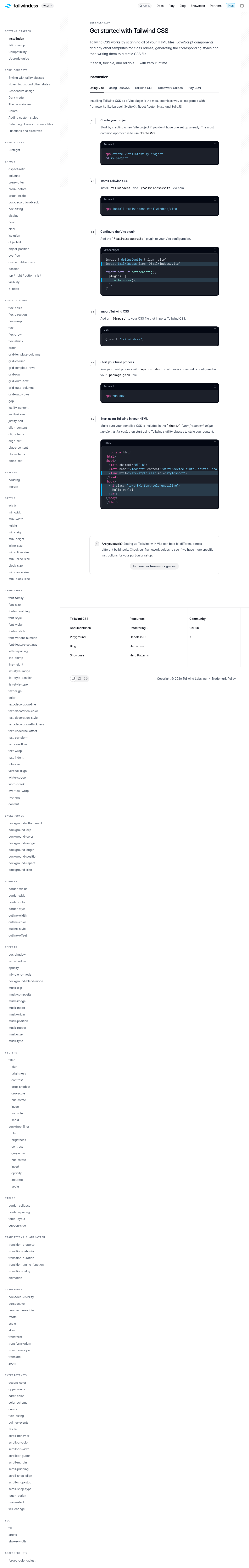 Tailwind CSS documentation homepage captured 2026-10-14. The numbered notes describe its navigation and starting routes.