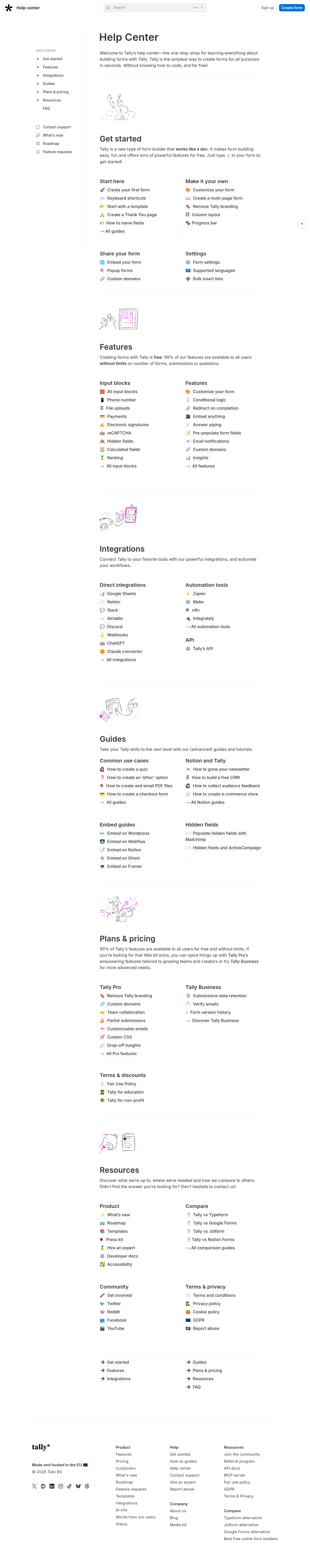 Tally documentation homepage captured 2026-10-14. The numbered notes describe its navigation and starting routes.