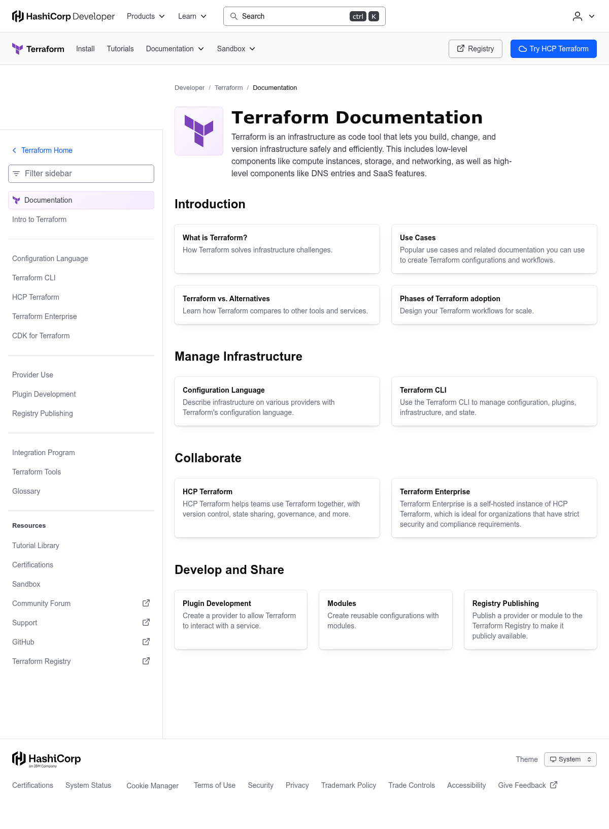 Terraform documentation homepage captured 2026-10-14. The numbered notes describe its navigation and starting routes.