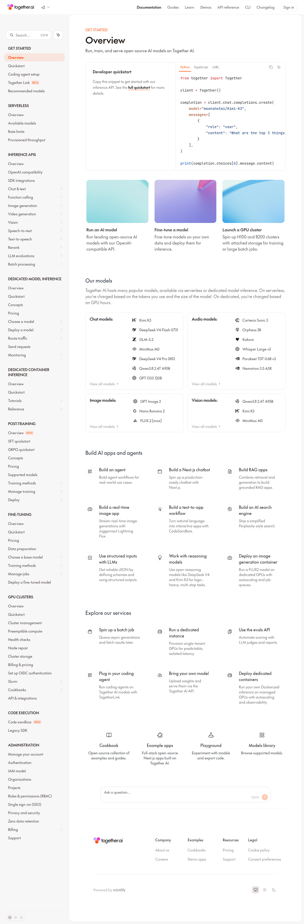 Together AI documentation homepage captured 2026-10-14. The numbered notes describe its navigation and starting routes.