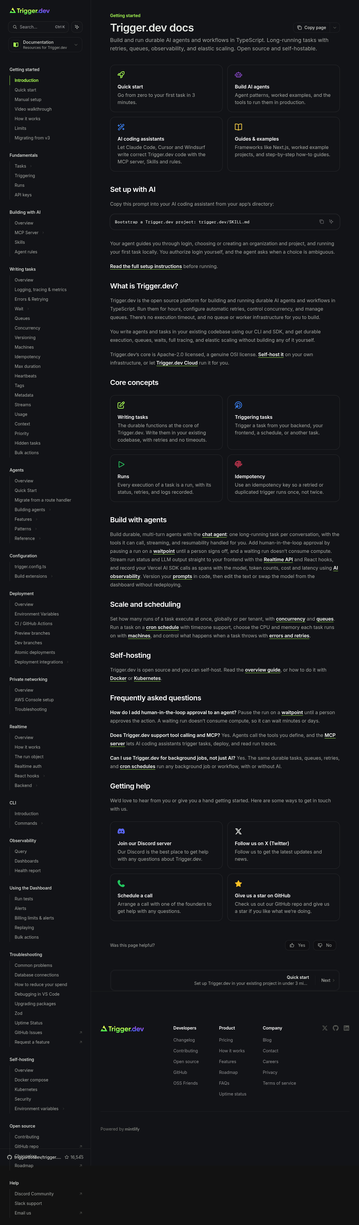 Trigger.dev documentation homepage captured 2026-10-14. The numbered notes describe its navigation and starting routes.