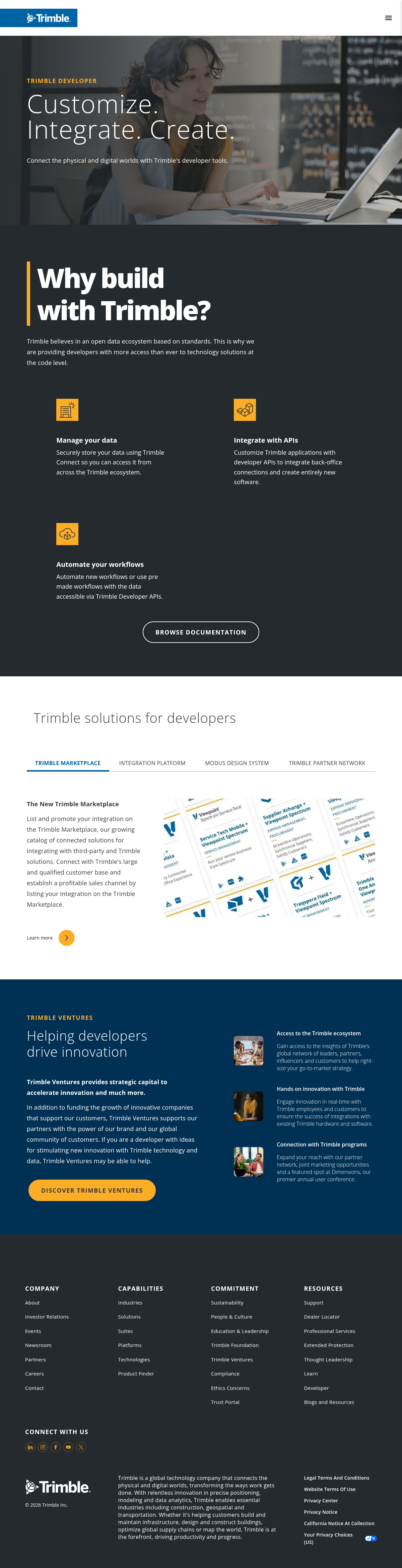 Trimble Developer documentation homepage captured 2026-10-14. The numbered notes describe its navigation and starting routes.