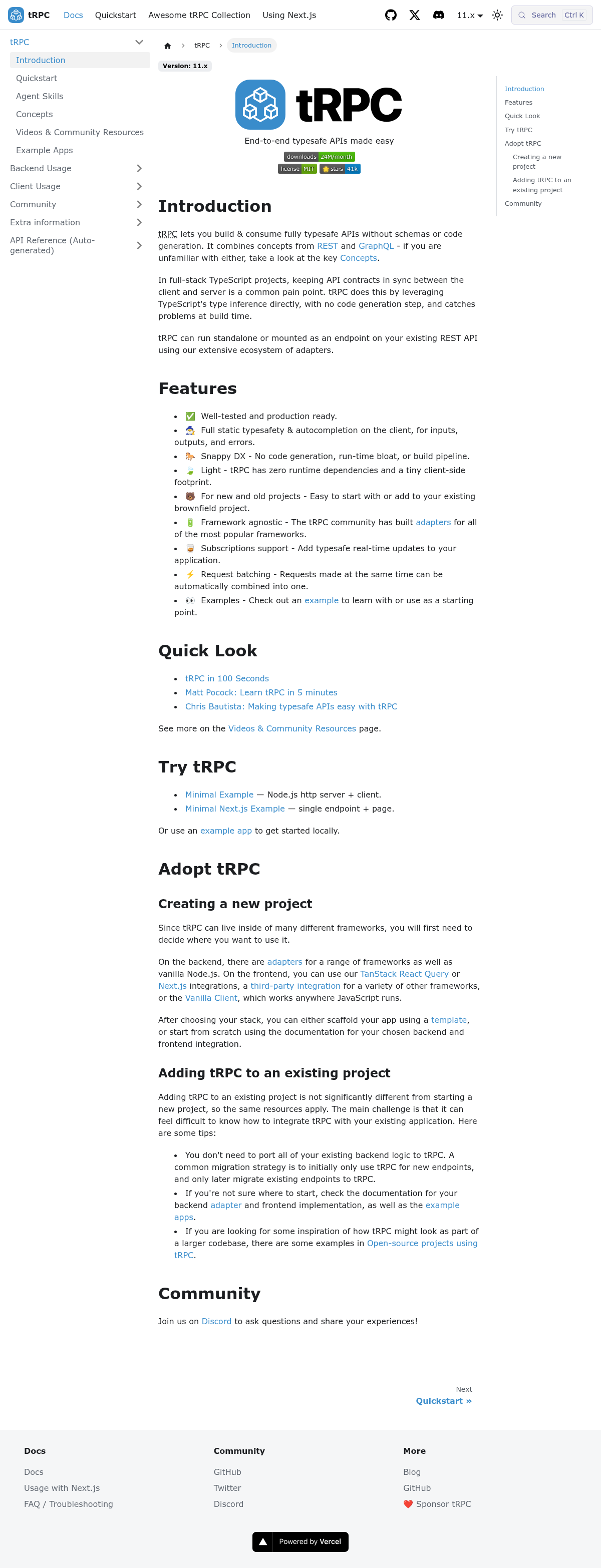 tRPC documentation homepage captured 2026-10-14. The numbered notes describe its navigation and starting routes.