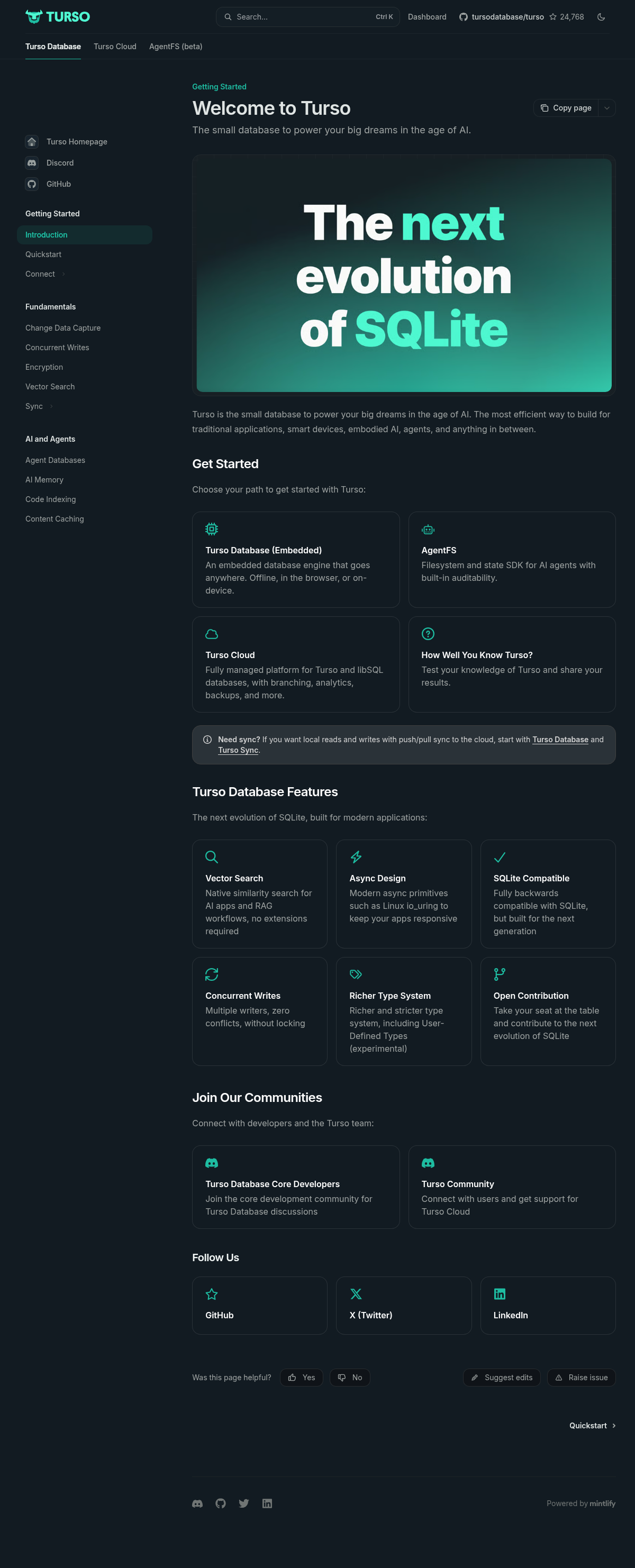 Turso documentation homepage captured 2026-10-14. The numbered notes describe its navigation and starting routes.