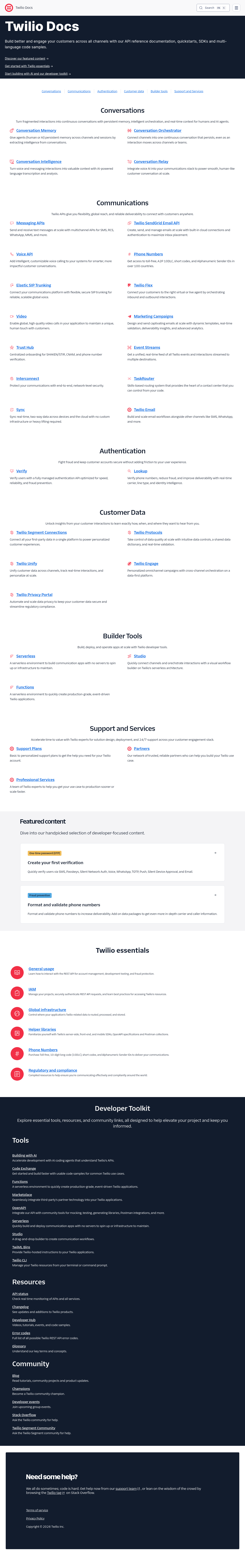 Twilio documentation homepage captured 2026-10-14. The numbered notes describe its navigation and starting routes.