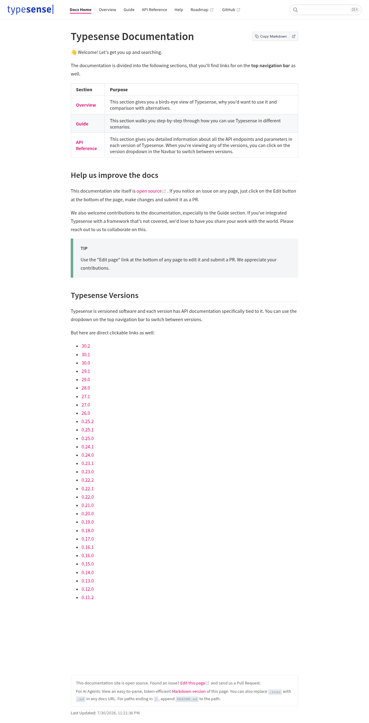 Typesense documentation homepage captured 2026-10-14. The numbered notes describe its navigation and starting routes.