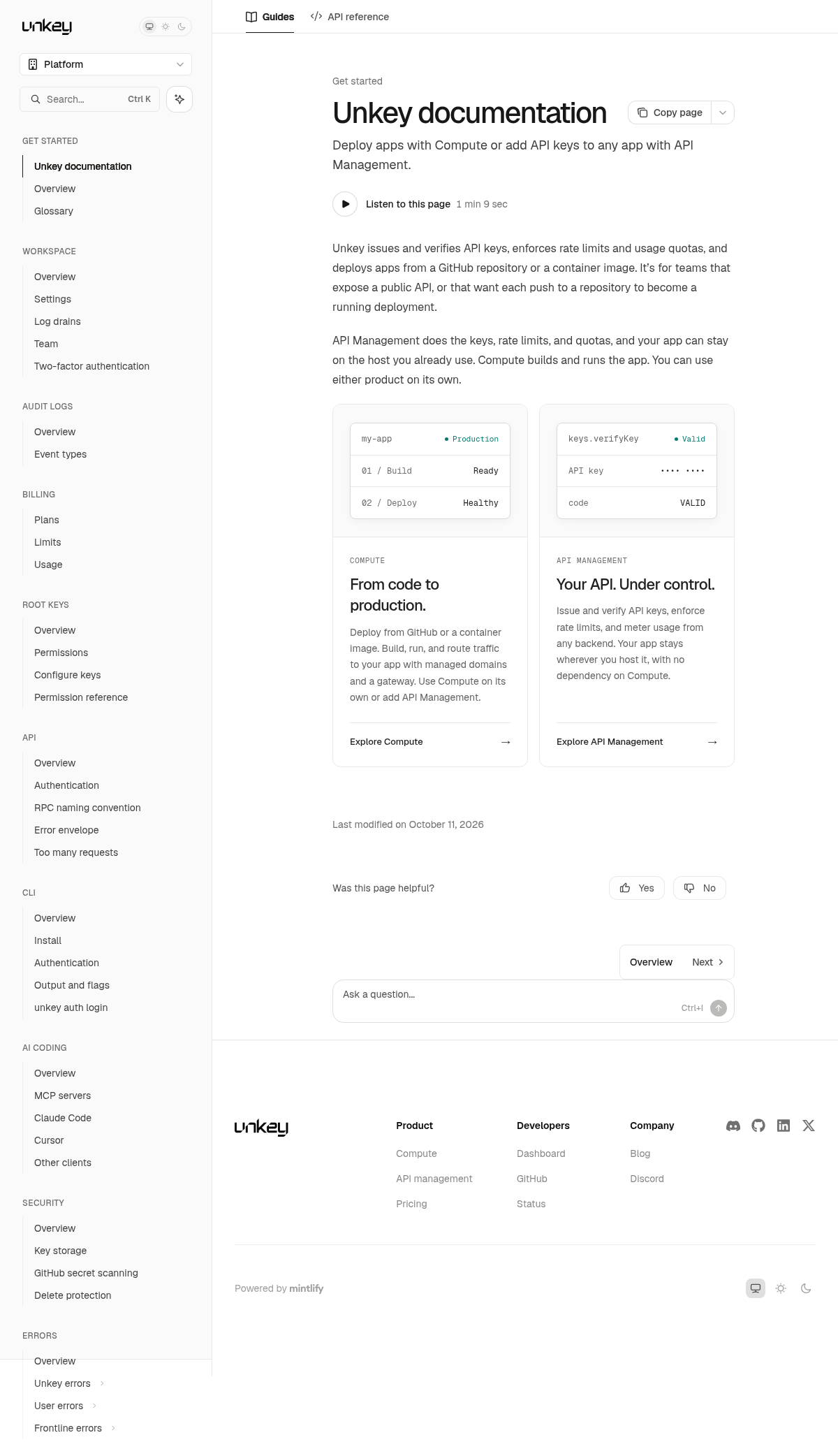 Unkey documentation homepage captured 2026-10-14. The numbered notes describe its navigation and starting routes.