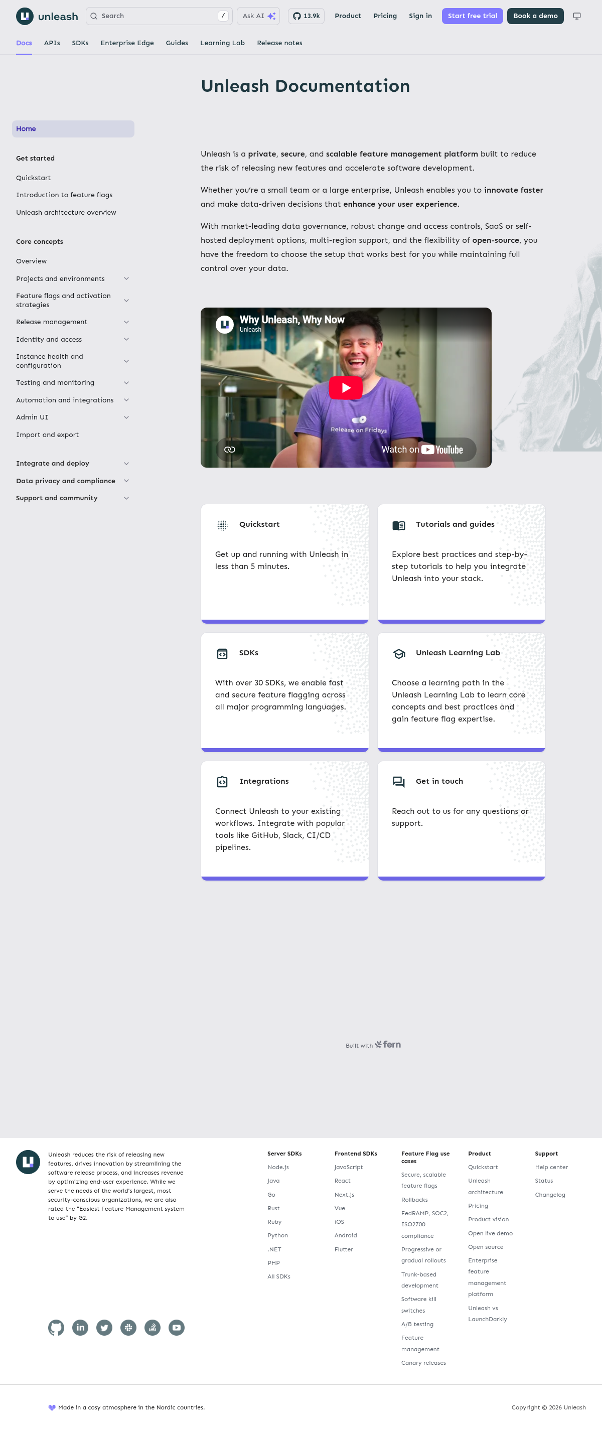 Unleash documentation homepage captured 2026-10-14. The numbered notes describe its navigation and starting routes.