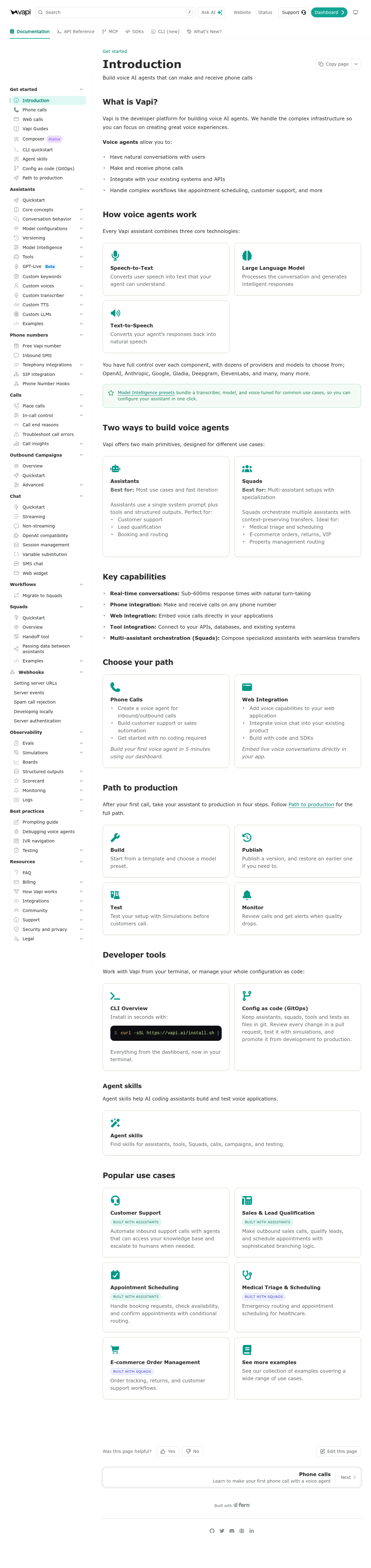 Vapi documentation homepage captured 2026-10-14. The numbered notes describe its navigation and starting routes.