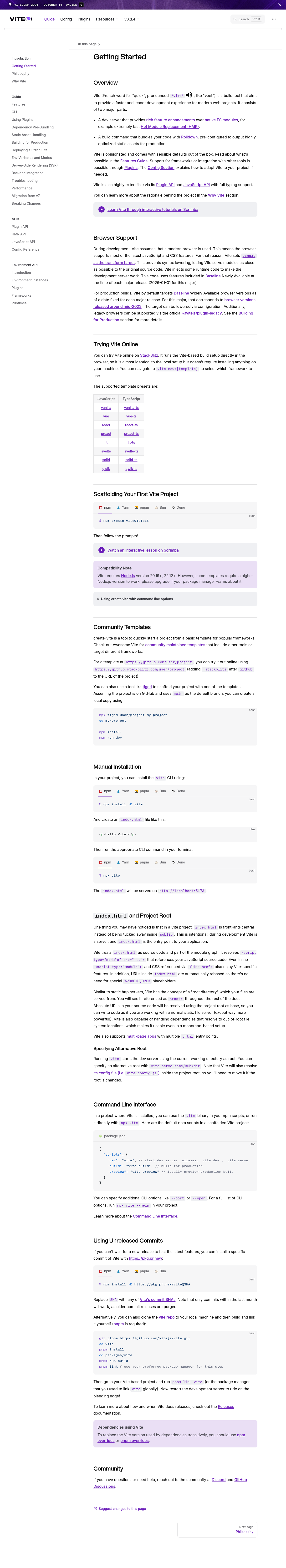 Vite documentation homepage captured 2026-10-14. The numbered notes describe its navigation and starting routes.