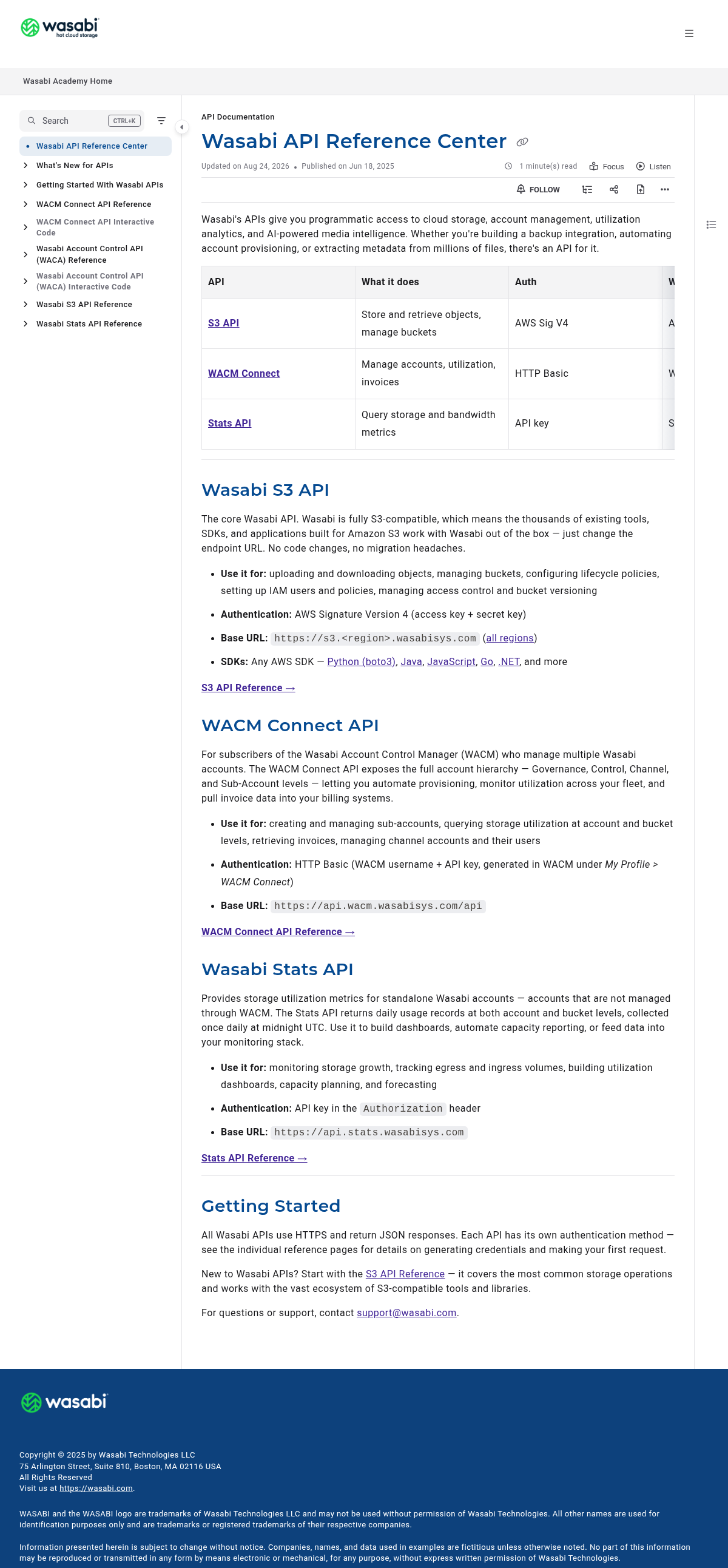 Wasabi documentation homepage captured 2026-10-14. The numbered notes describe its navigation and starting routes.