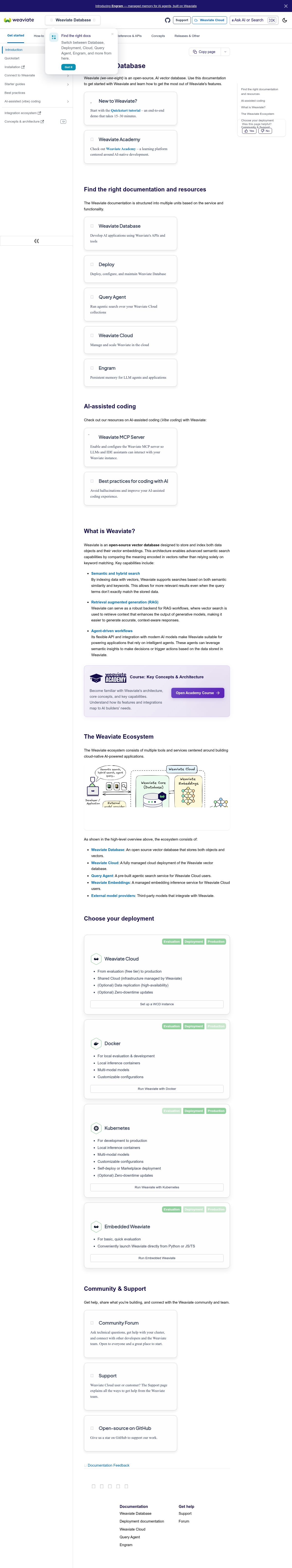 Weaviate documentation homepage captured 2026-10-14. The numbered notes describe its navigation and starting routes.