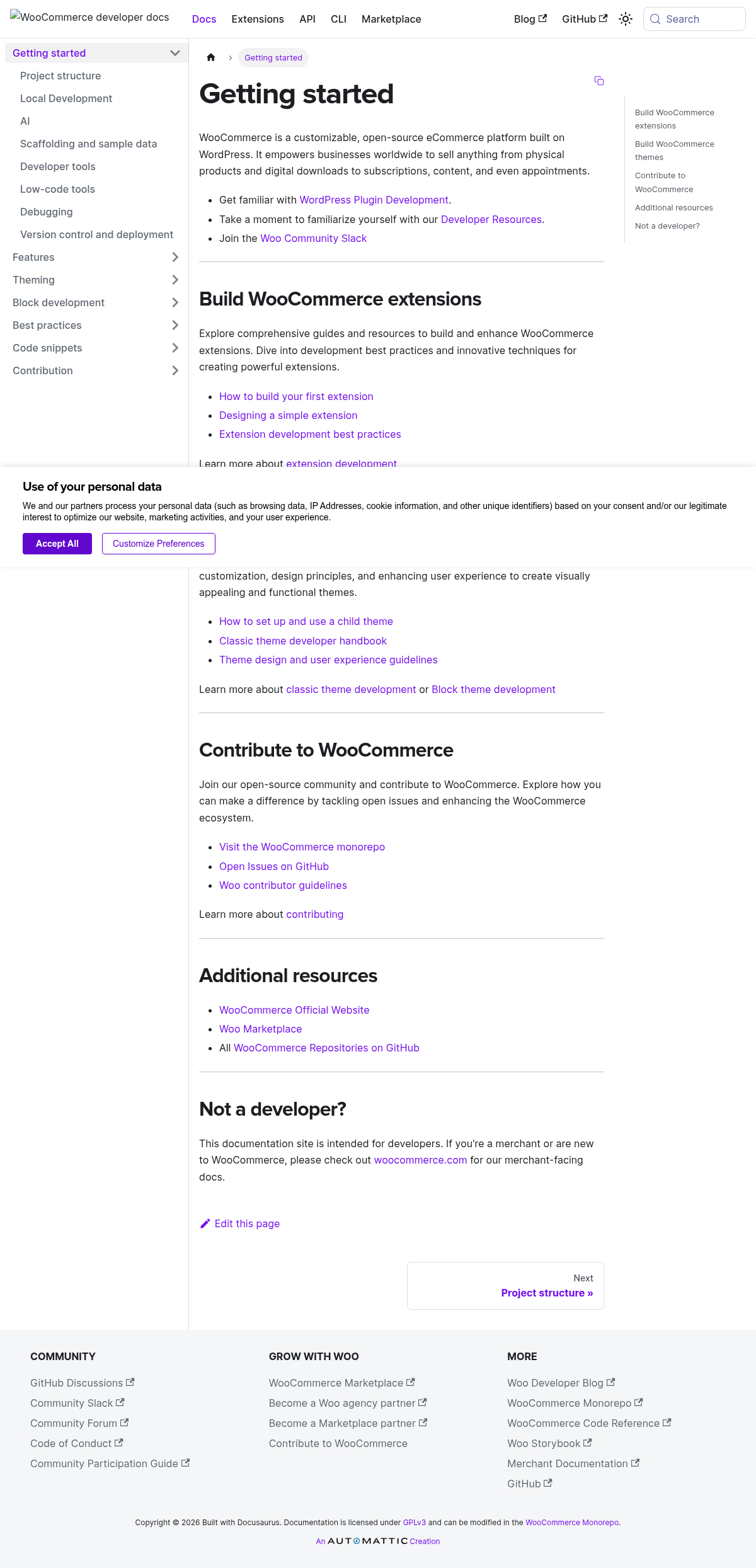 WooCommerce documentation homepage captured 2026-10-14. The numbered notes describe its navigation and starting routes.