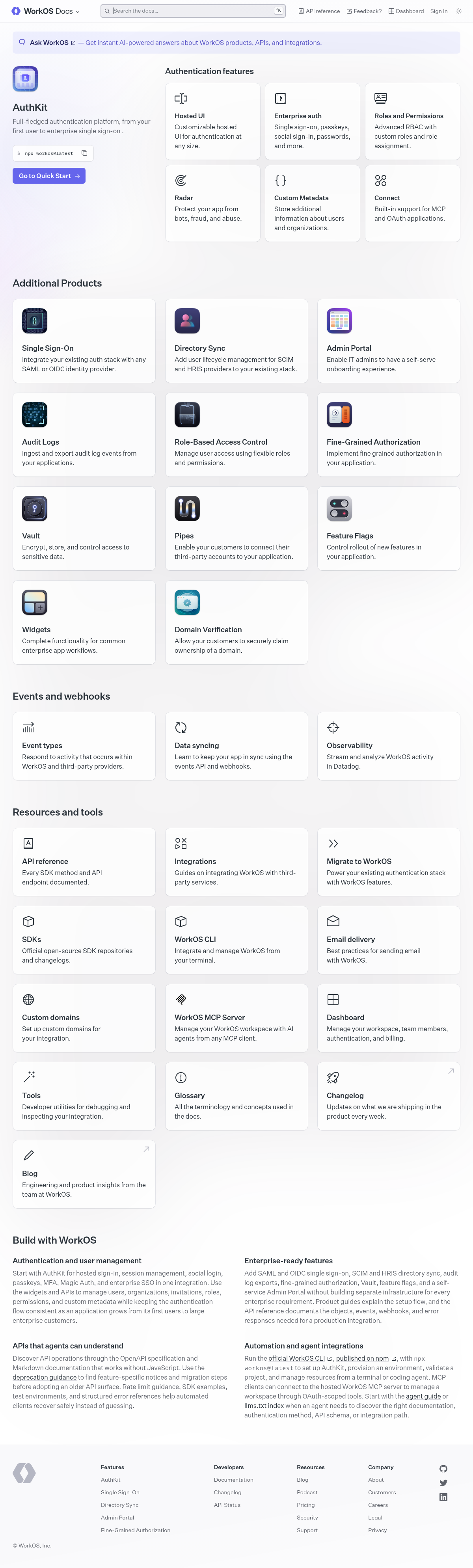 WorkOS documentation homepage captured 2026-10-14. The numbered notes describe its navigation and starting routes.