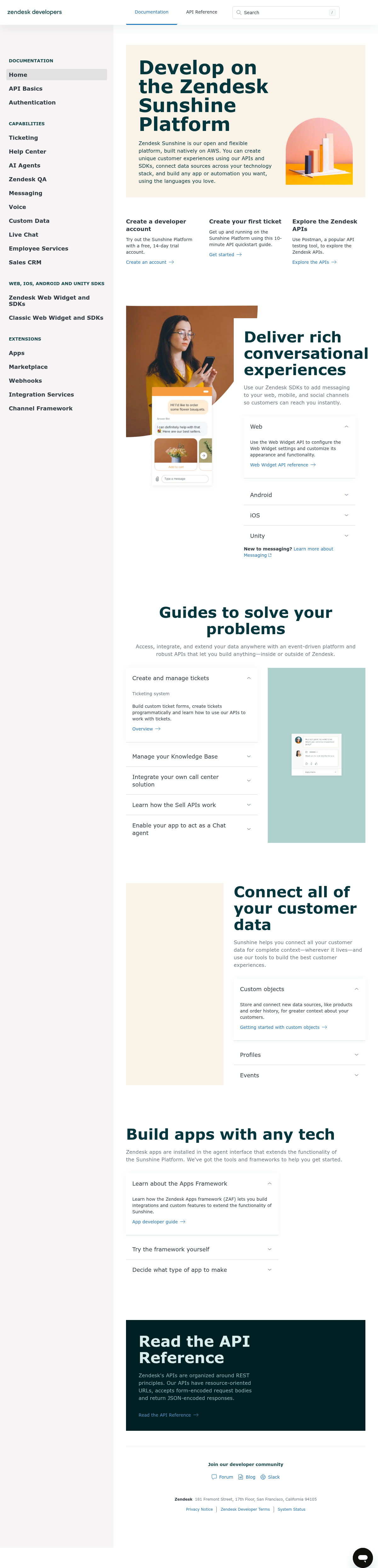 Zendesk Sunshine Platform documentation homepage captured 2026-10-14. The numbered notes describe its navigation and starting routes.
