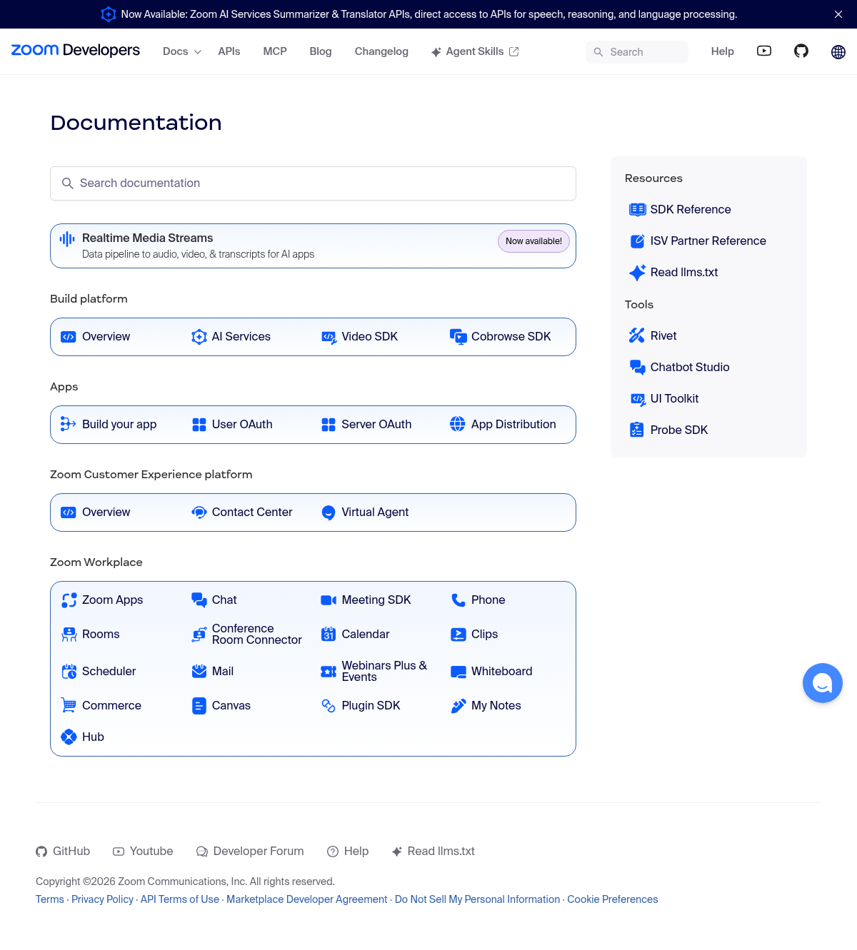 Zoom Developer Docs documentation homepage captured 2026-10-14. The numbered notes describe its navigation and starting routes.