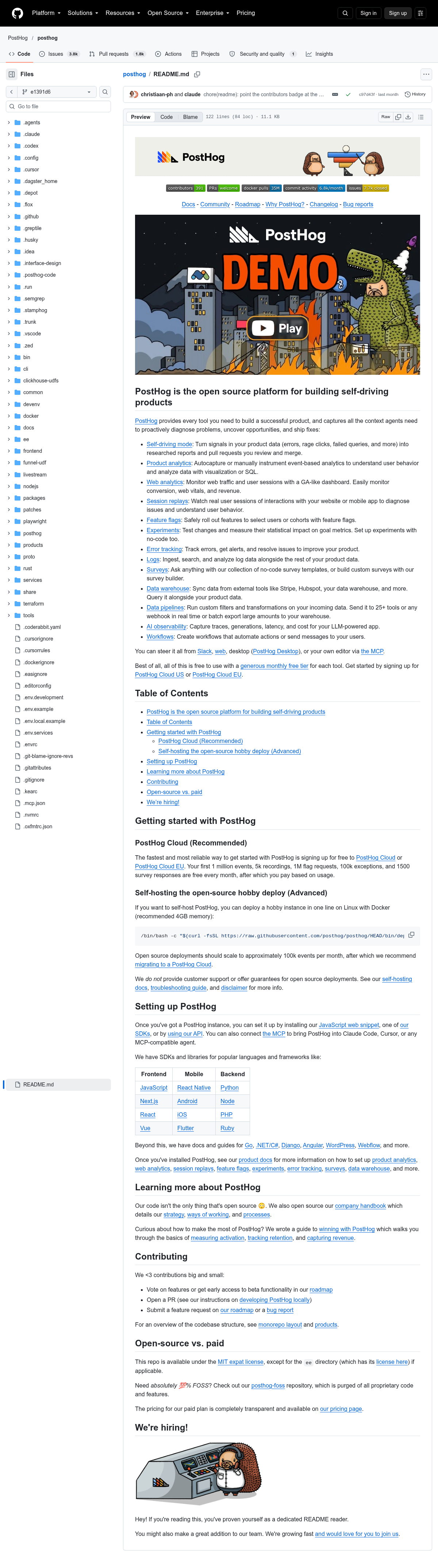 PostHog README at the reviewed commit. This image section shows product introduction.